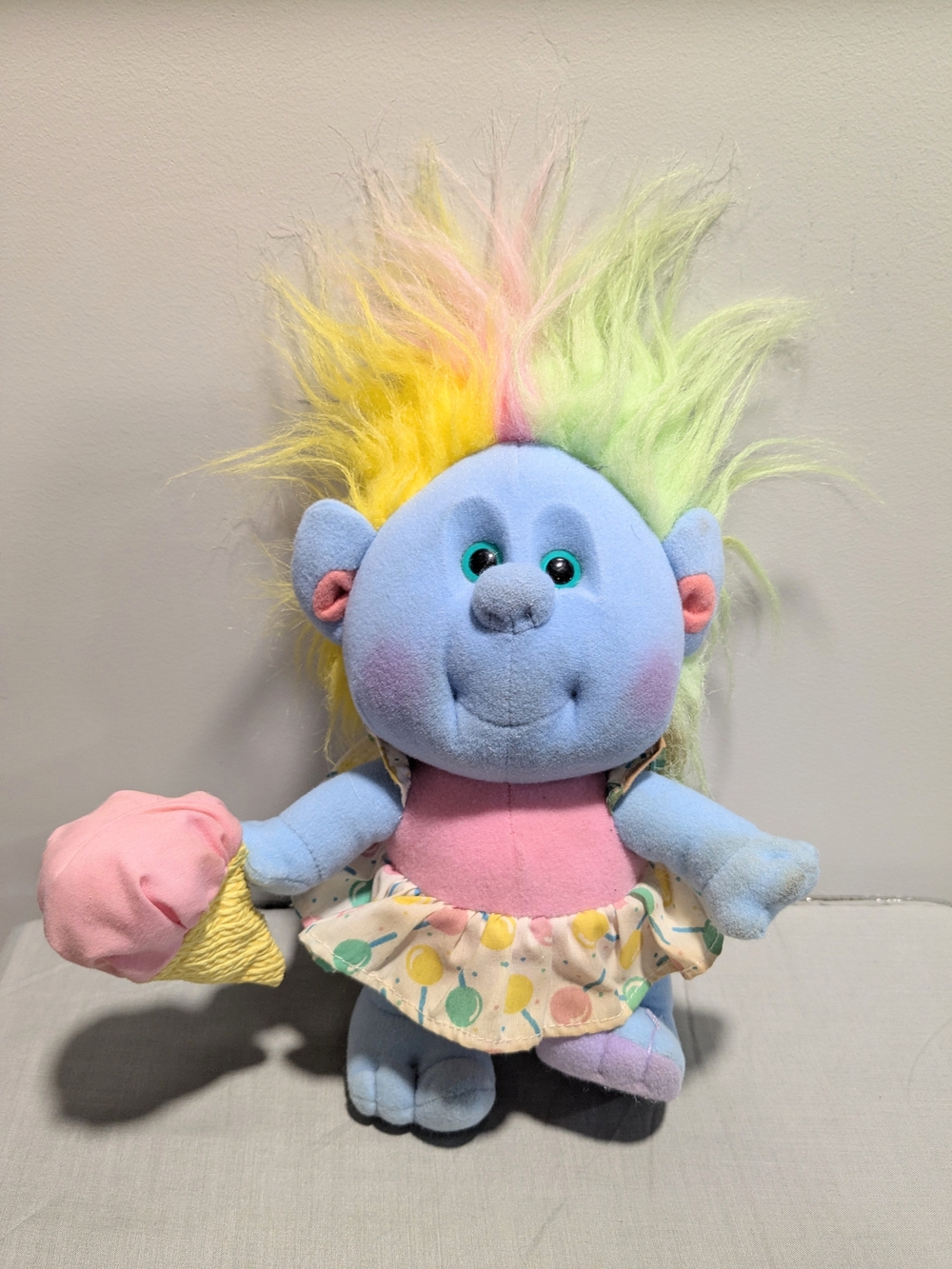 Pastel Blue Plush Troll Doll with Rainbow Hair and Dress